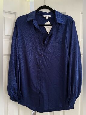 Sewn + Seams Navy Button-Down Satin Blouse